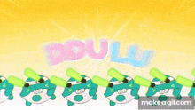 a bunch of cartoon characters are standing next to each other in front of the word ddu