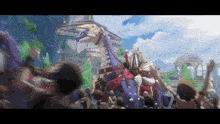 a group of people are riding on the back of a horse in front of a building