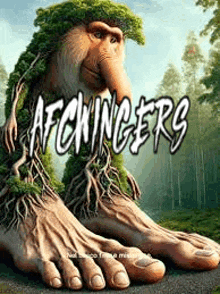 a giant monkey with a tree on its head is sitting on a road in the woods .