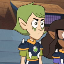a cartoon character with green hair and spikes on his arms