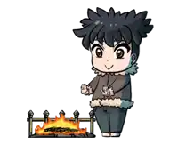 a cartoon drawing of a boy standing next to a fireplace