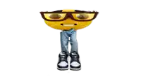 a smiley face with glasses and jeans is wearing a pair of black and white sneakers