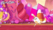 a cartoon of a cat and a candy cone with the words fianna cake written on the bottom
