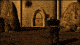 a man is walking in front of a door in a video game