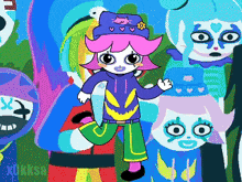 a cartoon of a girl in a purple hat with hearts on it