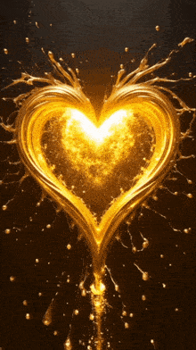 a heart shaped splash of golden liquid on a dark background