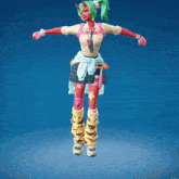 a video game character with green hair and tiger knee high boots