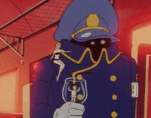 a man in a blue uniform is holding a glass with a woman on it
