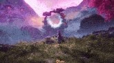 a woman is standing in a field in front of a purple sky