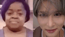 a close up of a woman 's face next to a close up of a young man 's face .