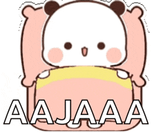 a cartoon bear is laying on a pink pillow with the words aajaa written on the bottom