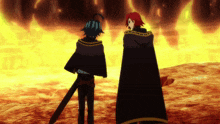 two anime characters standing next to each other in front of flames