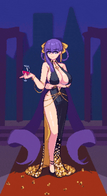 a pixel art drawing of a woman holding a wine glass
