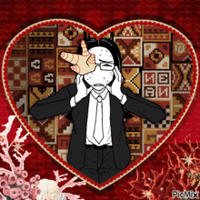 a man in a suit and tie is covering his face in front of a heart with the word picmix on the bottom