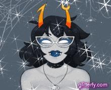 a drawing of a girl with horns and glasses with the website glitterfy.com