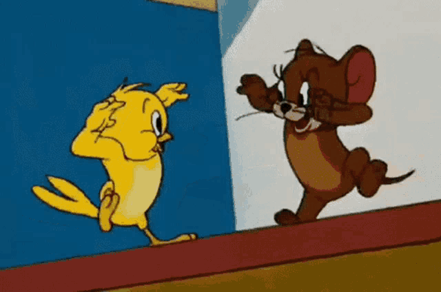 a cartoon mouse and a yellow bird are holding hands .