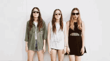 three young women wearing sunglasses are standing next to each other against a white wall .