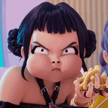 a cartoon character making a funny face while holding a bag of potato chips