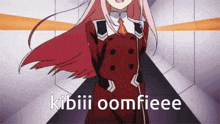 a pink haired anime girl is standing in a hallway with the words kibiii oomfieee written in white
