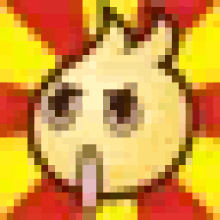 a close up of a cartoon character 's face with a tongue sticking out on a yellow and red background .