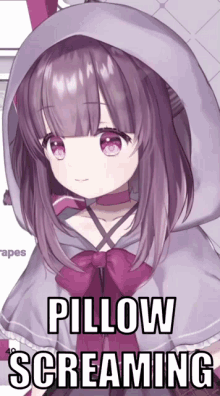 a picture of a girl with purple hair and the words pillow screaming below her