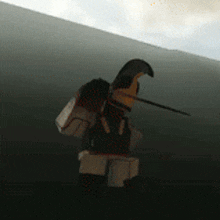 a cartoon character is holding a sword in the fog