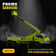 an advertisement for promo karoseri shows a green truck with a crane on the back