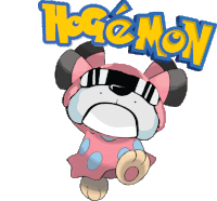 a cartoon of a dog wearing sunglasses and the word pokemon