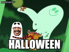 a man in a ghost costume is holding a bag of candy and the word halloween is on the bottom right