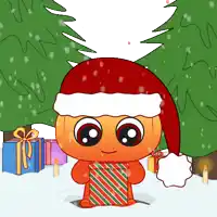 a cartoon character is wearing a santa hat and holding a present