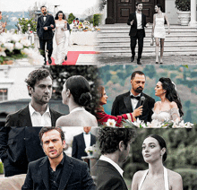 a collage of pictures of a bride and groom walking down the aisle