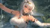 a girl with white hair and green eyes is wearing a white dress and white gloves