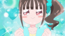a girl with a ponytail and a blue bow in her hair