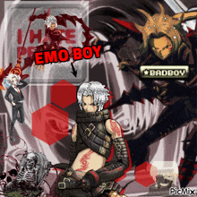 a collage of anime characters with the words emo boy in red letters