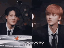 two men in suits and ties are sitting next to each other and one of them has a question mark on his face