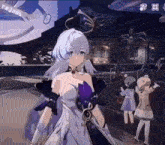 a girl with white hair and a purple dress is standing in a video game .