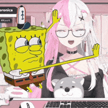 a girl with pink hair and glasses is holding spongebob