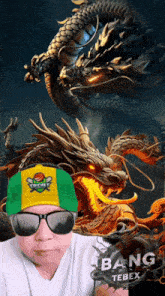 a man wearing a hat that says cricket stands in front of a dragon