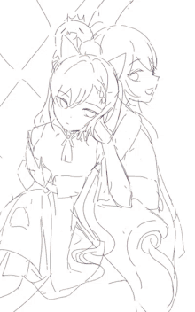 a drawing of a girl with purple hair sitting next to a boy