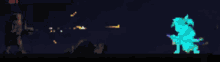 a pixel art of a man holding a gun and a woman flying in the air