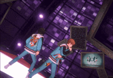 a man in a blue jacket is standing next to another man in a blue jacket