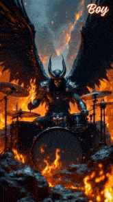 a demon is playing drums in front of a fire and the word boy is on the bottom