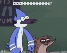 a cartoon of a bird and a raccoon that says ooohhh