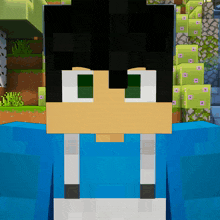 a close up of a minecraft character with green eyes