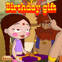 a cartoon of a girl giving a birthday gift to a man