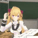 a girl with blonde hair is holding a piece of paper with chinese writing on it in front of a blackboard