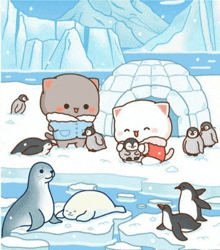 a cartoon of a cat and penguins in the arctic .