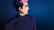 a man with pink hair is wearing a black shirt