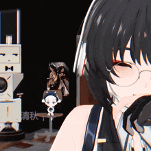 a girl wearing glasses and headphones is sitting in front of a robot with chinese writing on it