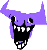 a cartoon drawing of a purple monster with horns and a huge mouth .